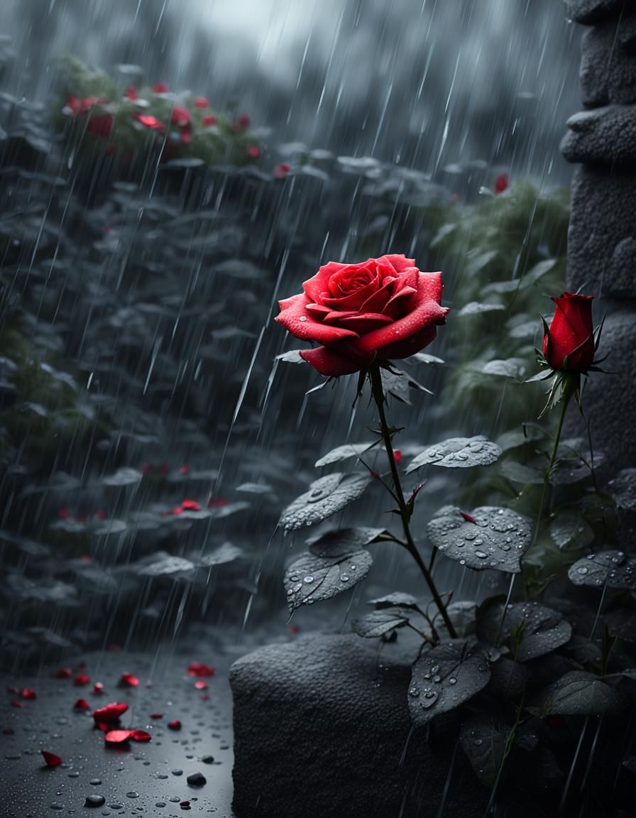 Rainy Garden: Red Rose in Greyscale, Photorealistic