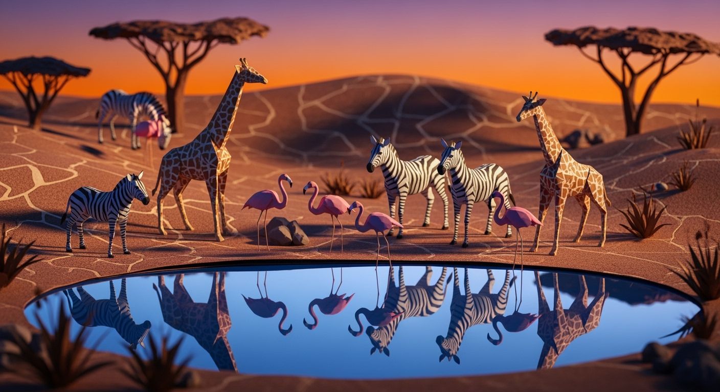 Origami Animals at Sunset Paper Lake