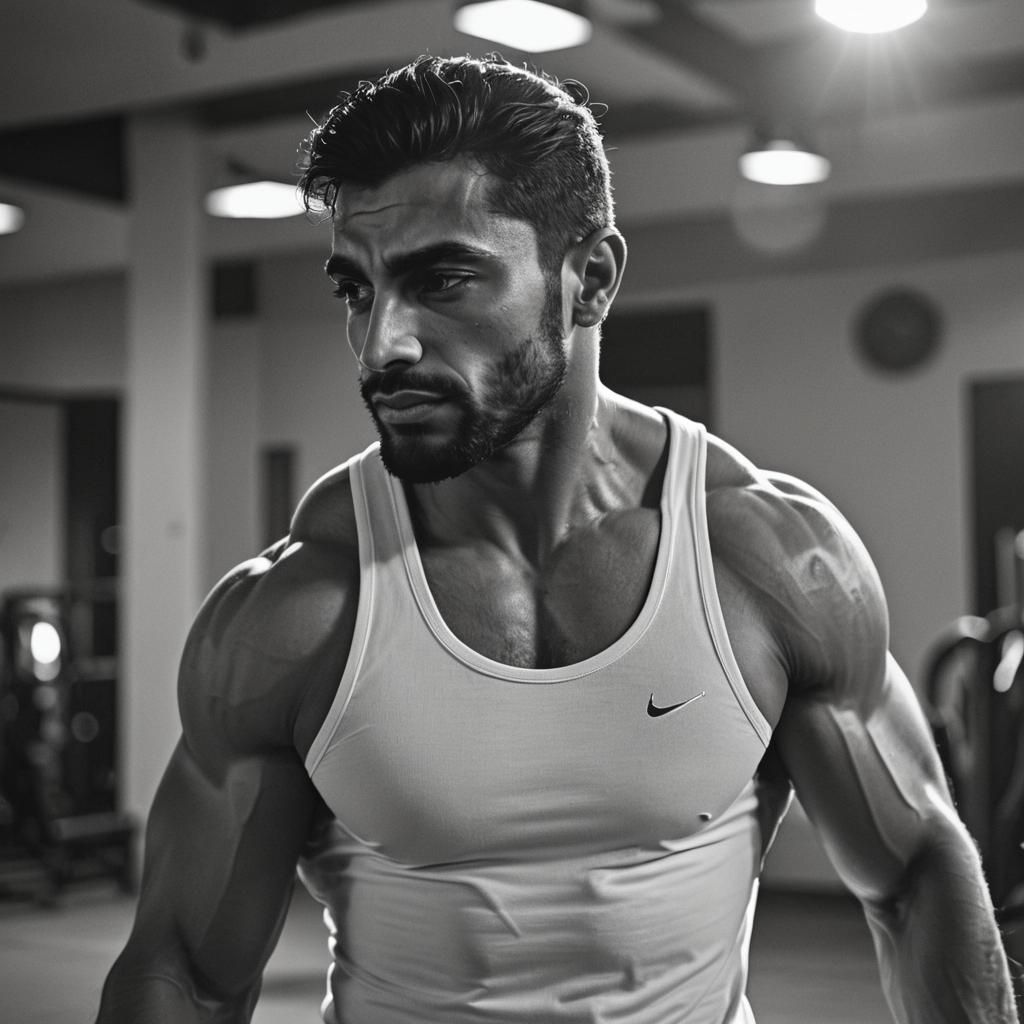 Alpha Male Bodybuilder in Gym: Cinematic Film Still