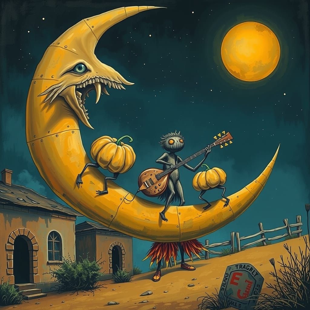 Ethereal Punk Creature Plays Guitar Under Colossal Umbrella