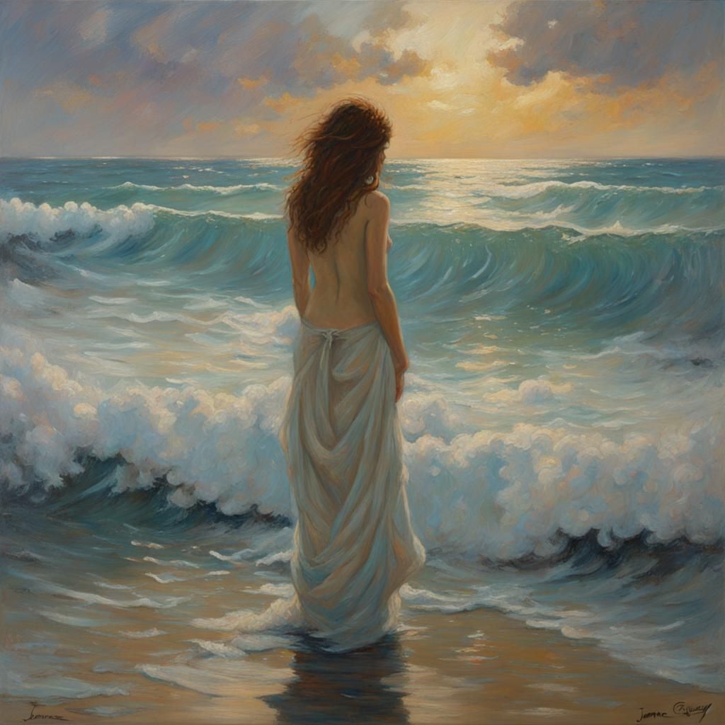 Dreamy Woman Becomes Sea: Oil Painting