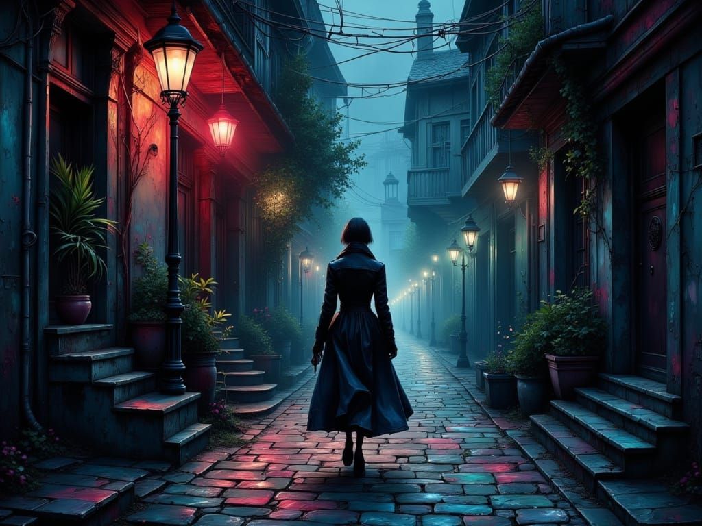 Night Walk on Cobblestone Street in Cyberpunk Style