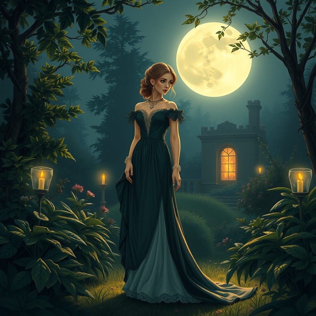Moonlit Noblewoman in Art Nouveau Style Garden