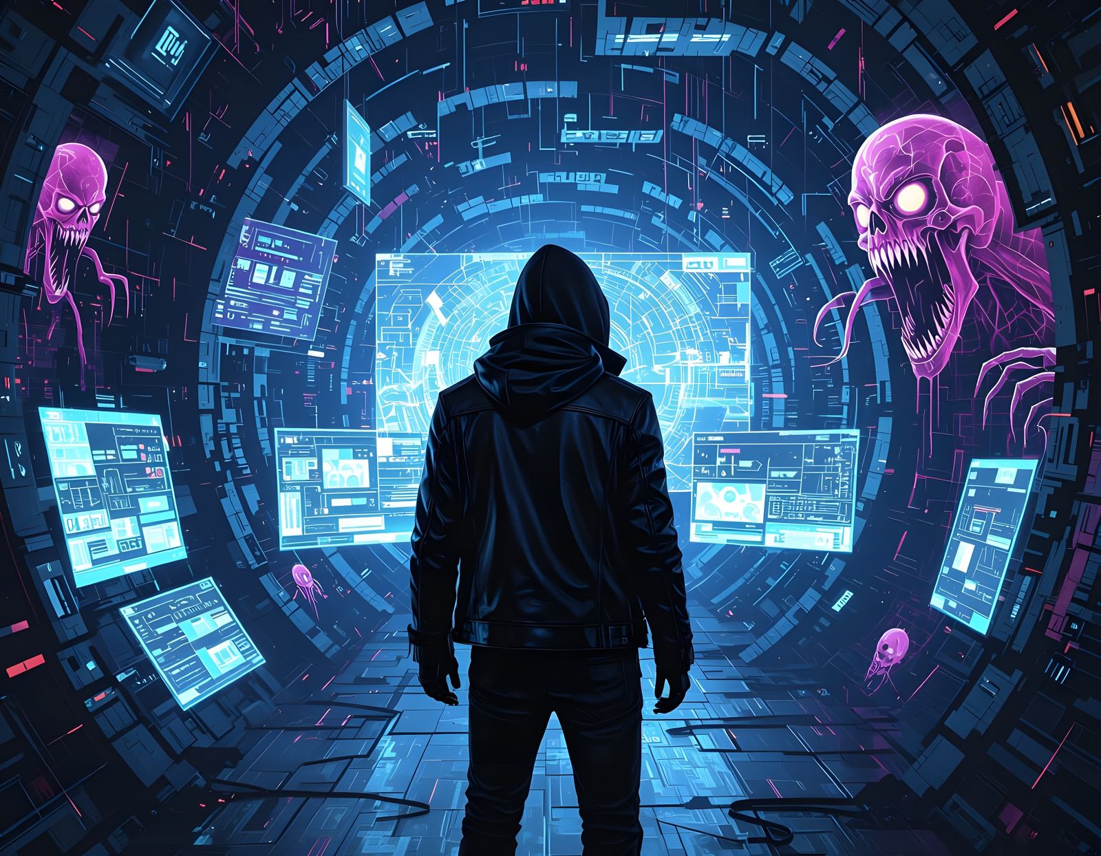 Hacker Navigates Digital Realm in Cyberpunk Style