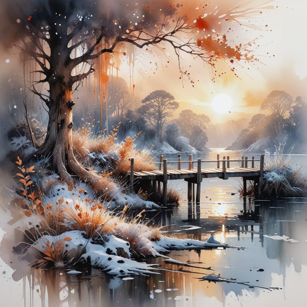 Winter Harbor Scene in Stylized Watercolor