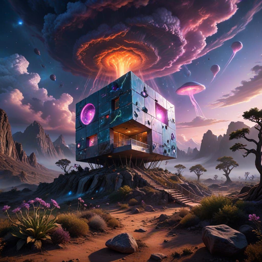 Alien Cube House on Otherworldly Terrain in Cosmic Art