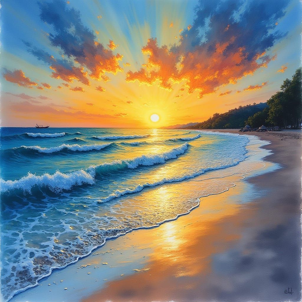 Thai Beach Sunrise in Vibrant Impressionist Style