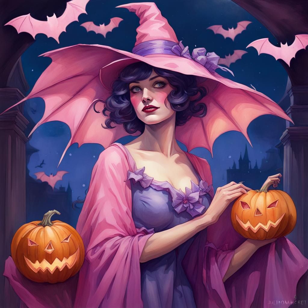 Halloween Bat Woman in Gouache Watercolor Style