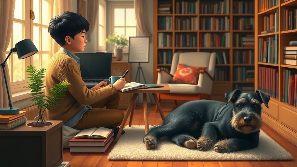 Cozy Study: Boy, Schnauzer, and Serene Realism