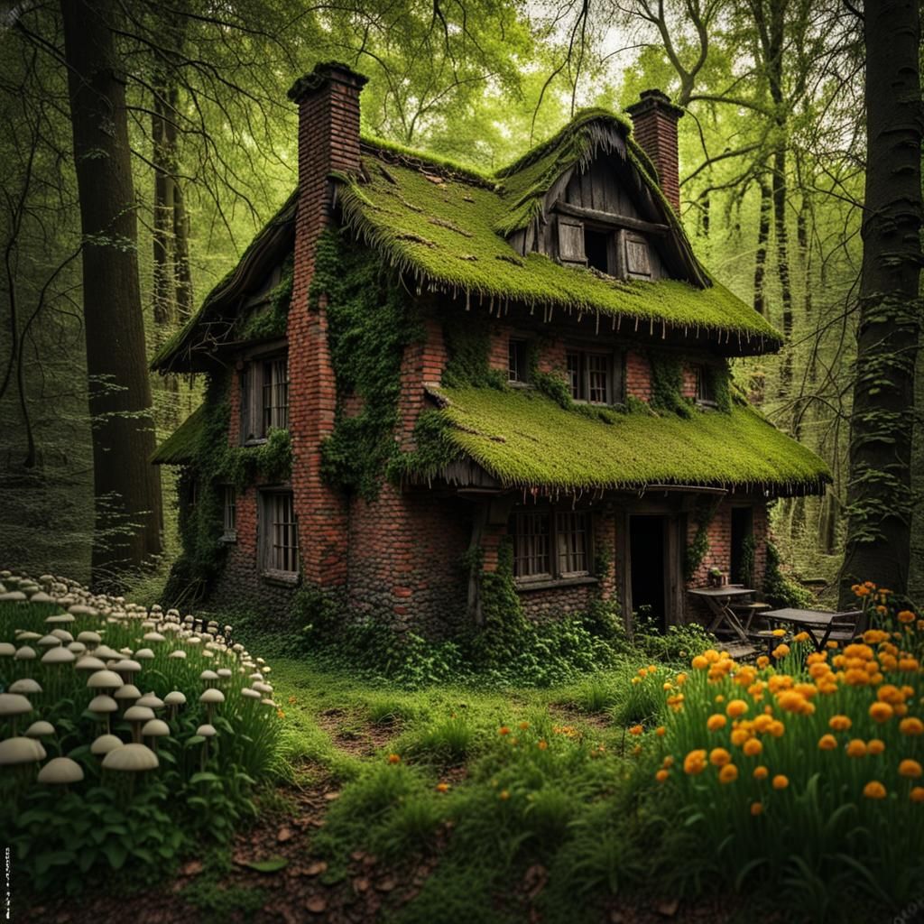 Old Flower-Covered House in Dark Forest
