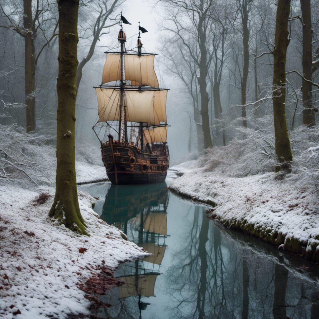 Pirate Ship Sails Through Winter Forest