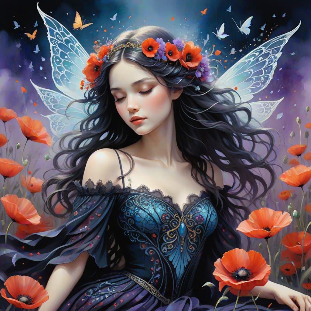 Whimsical Fairy Reclines in Vibrant Poppy Meadow