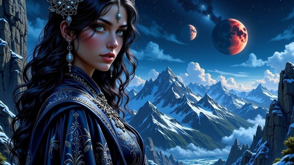 Ethereal Sorceress in Dark Silver Robes Amidst a Tri-Moonlit...