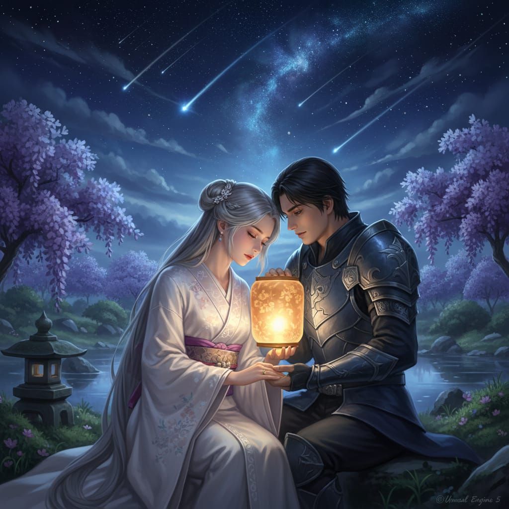 Close-up. Cinematic, moody illustration. A poignant romantic scene where two lovers, a woman with silver hair in twin bu...