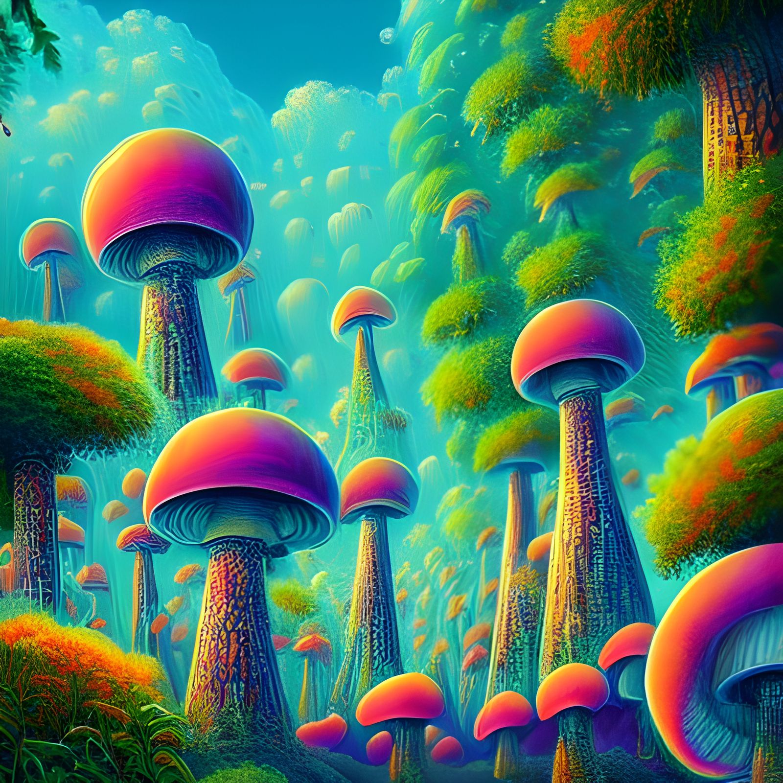 Psychedelic Mushroom Towers in Retro Synthwave Landscape