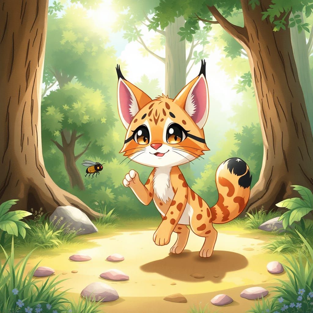 Whimsical Chibi Lynx in Sun-Dappled Forest