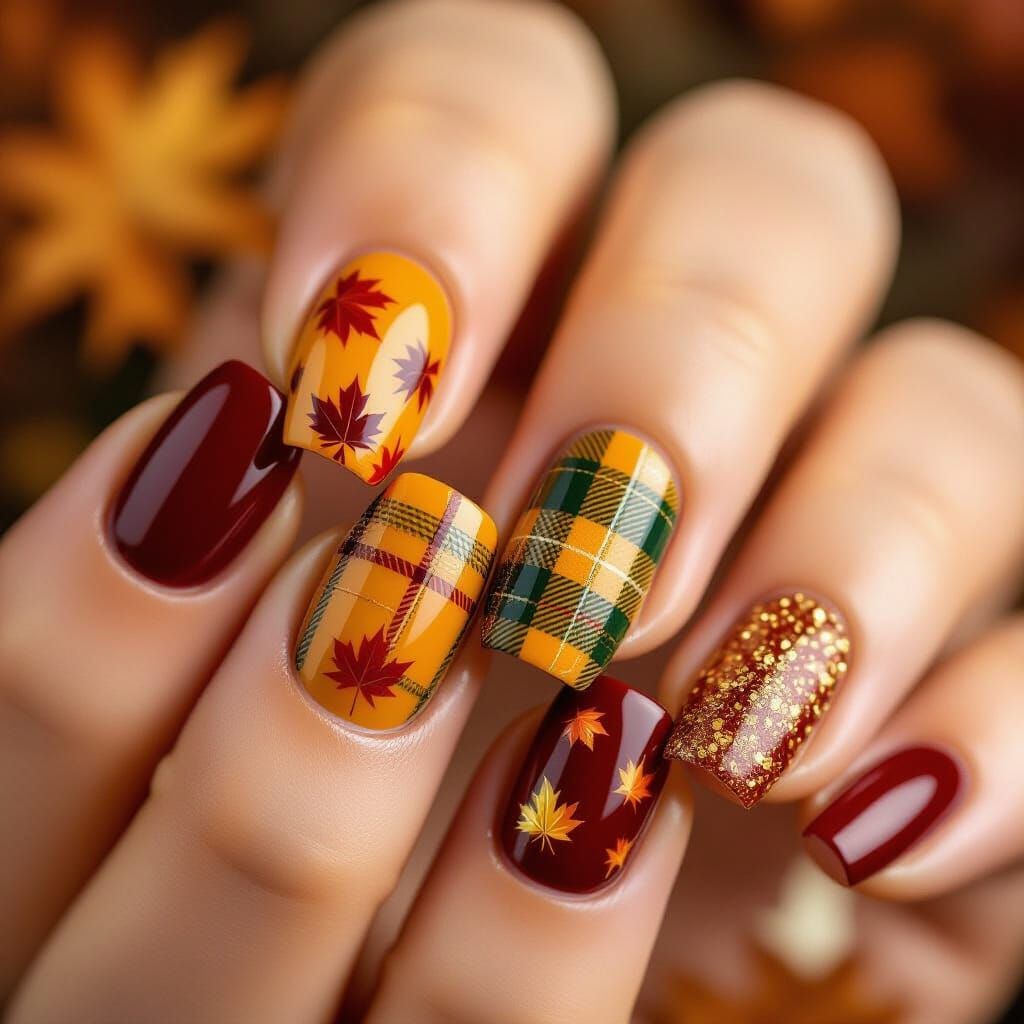 Autumn Acrylic Nails with Maple Leaf and Plaid Designs