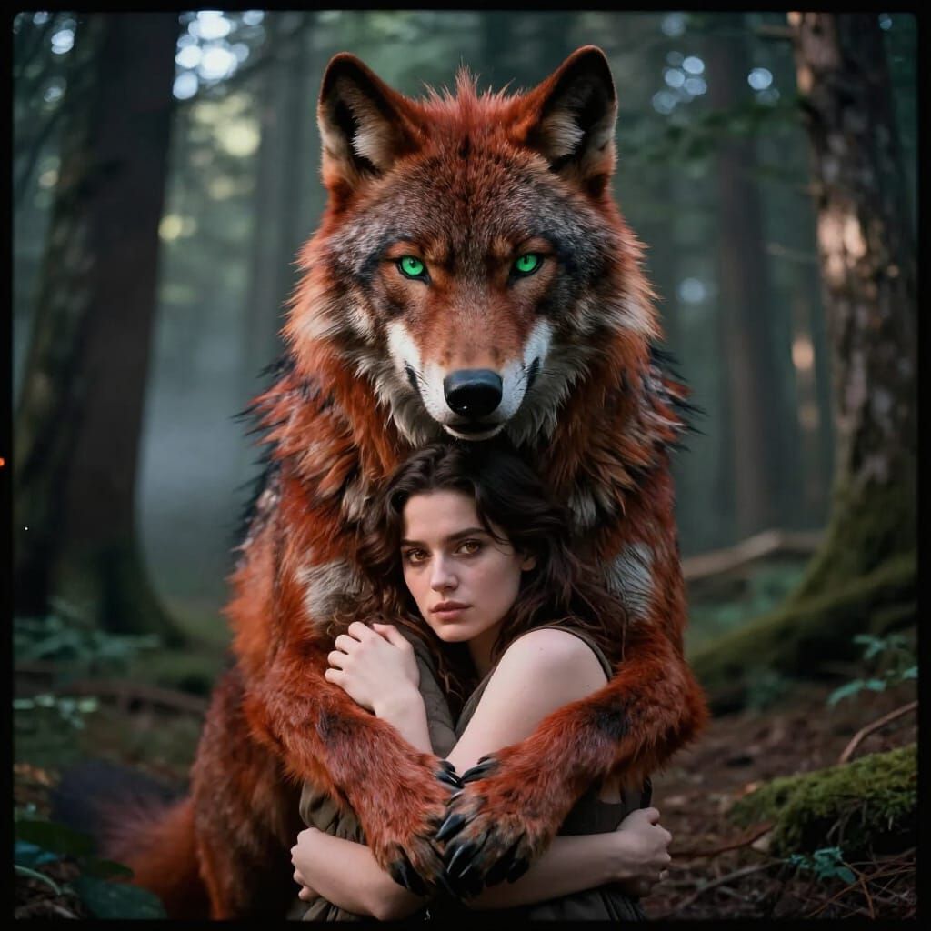 Werewolf Embraces Human in Misty Forest