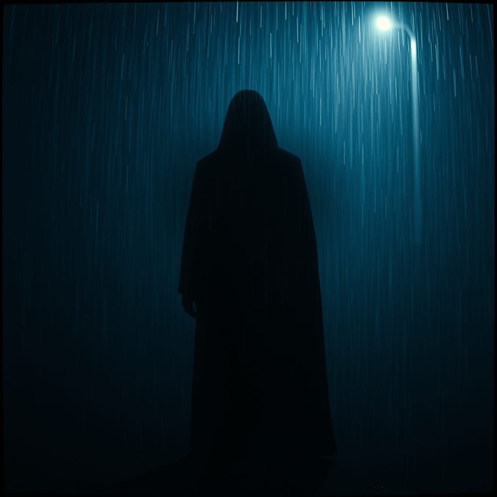 Ominous Figure in Rain with Cinematic Lighting