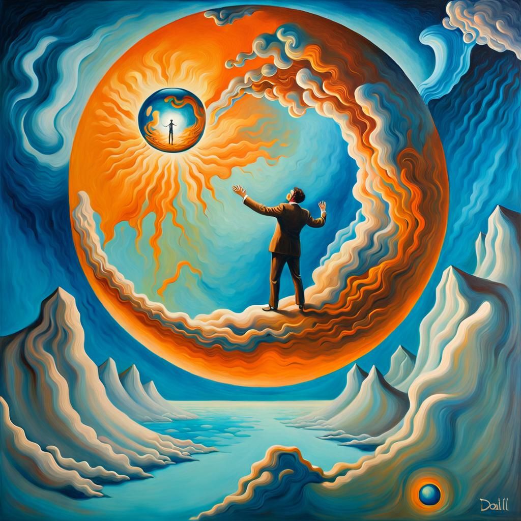 Surrealist Figure Grasping Orb in the Void