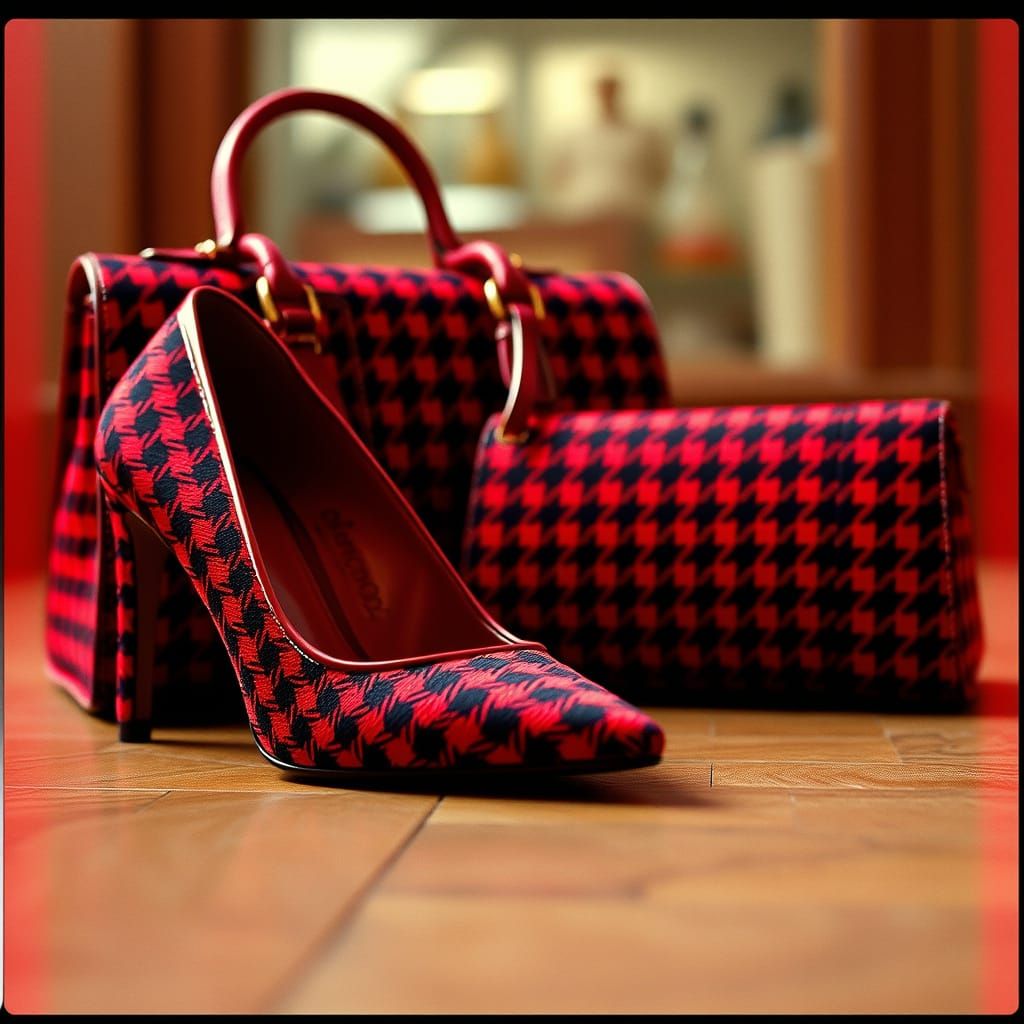 Luxurious Red Houndstooth Shoes and Purse in Cinematic Film ...