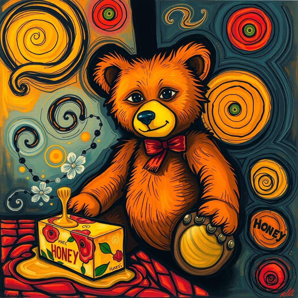 Expressionist Teddy Bear with Honey Bar in Fauvist Style