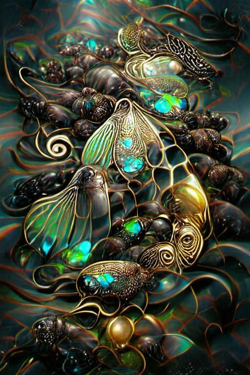 Iridescent Fractals with Cicada Wings in Art Nouveau Style