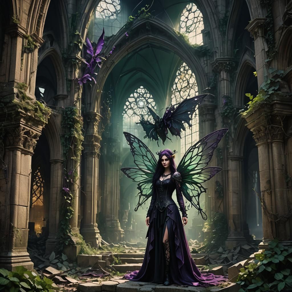 Gothic Fairy in Ruined Cathedral: Dark Fantasy Art