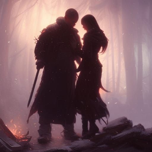 Couple Cuddling by Fire: Dark Fantasy Concept Art