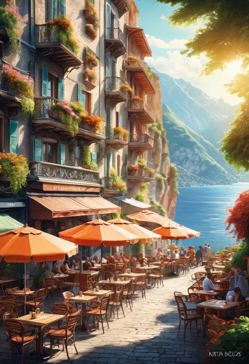 Renaissance Cafe Scene with Mountains, 8K UHD