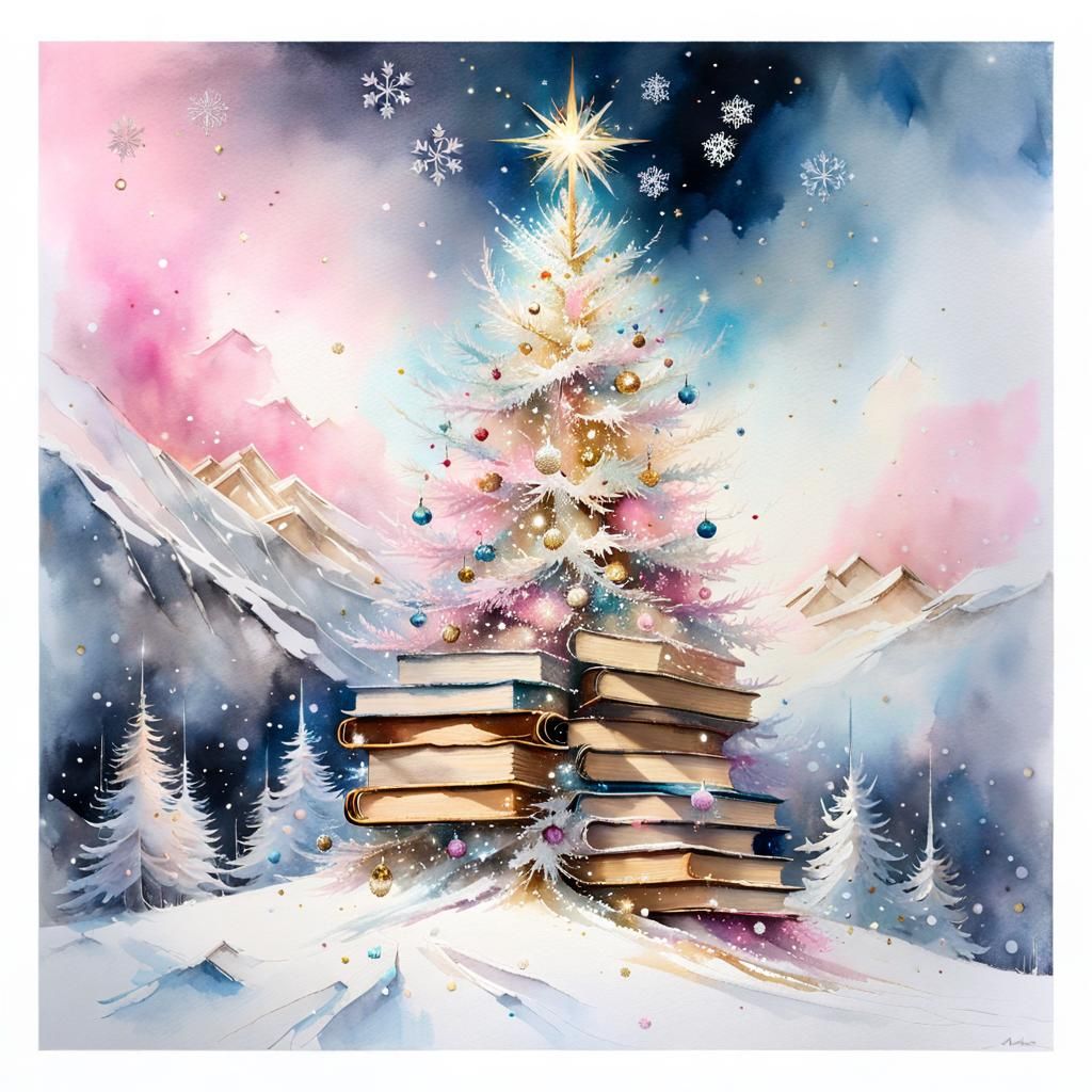 Book Christmas Tree in Pastel Watercolor Style