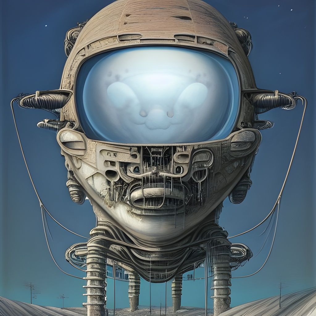 Frozen Mechanical Face in Surreal Sky: 3D Render