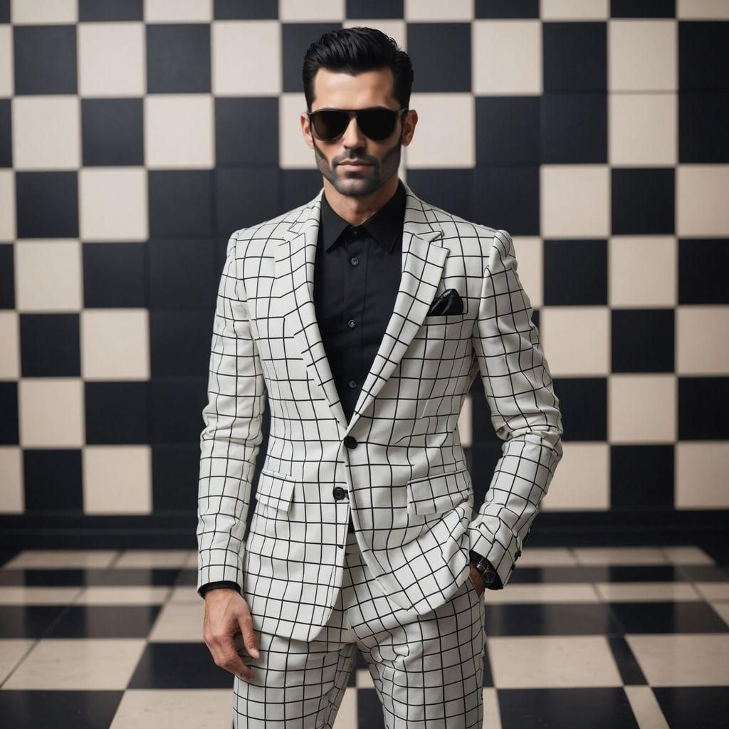Stylish Man in Sunglasses on Chessboard Background