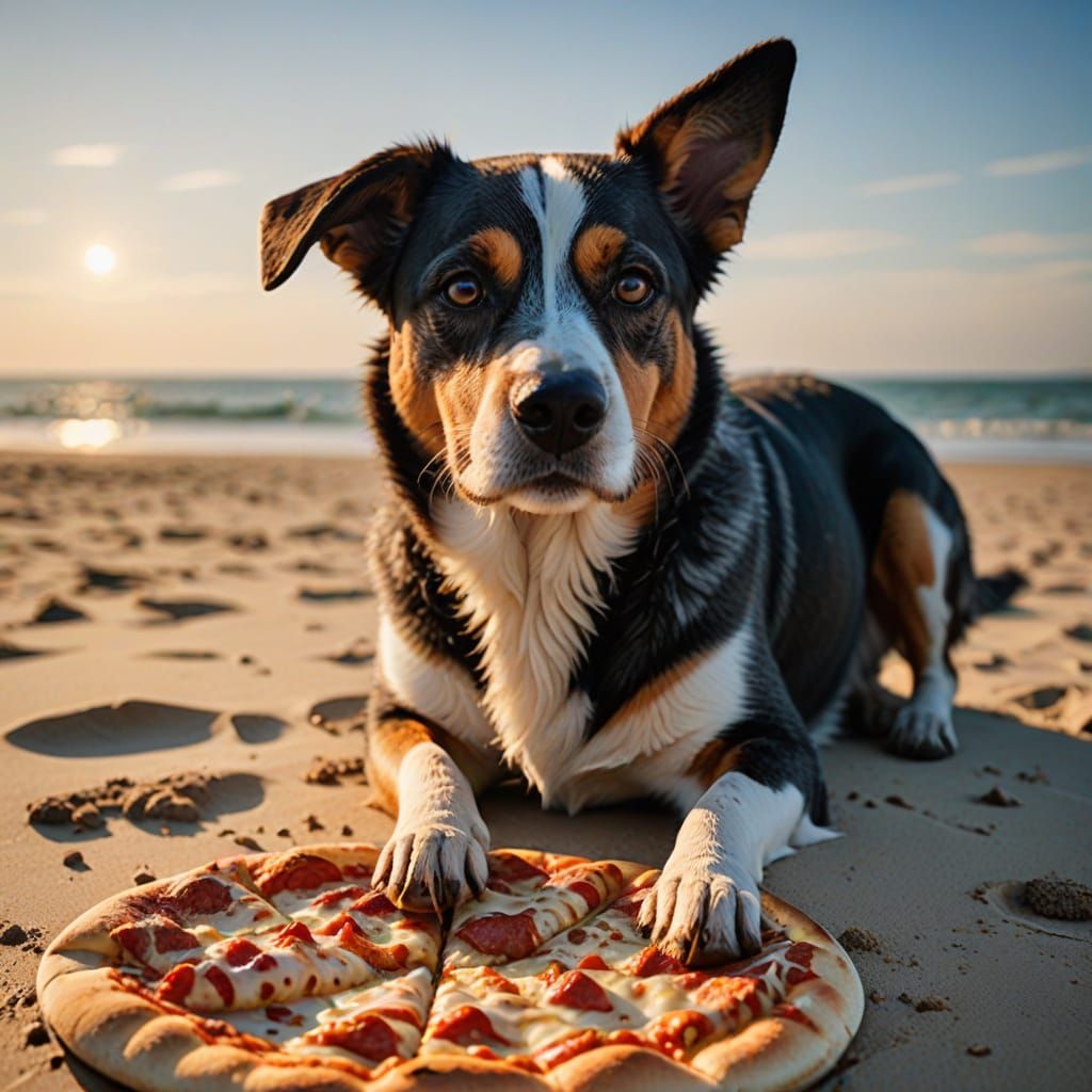 Sun-Kissed Beach Scene with Happy Dog Enjoying Pizza