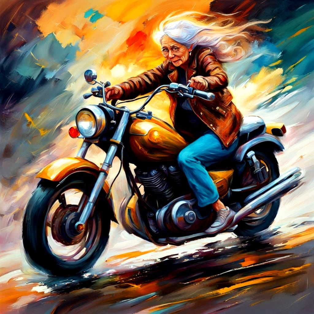 Laughing Old Woman Rides Motorcycle