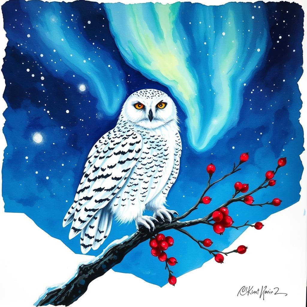 Boreal Owl Amidst Vibrant Berries and Northern Lights