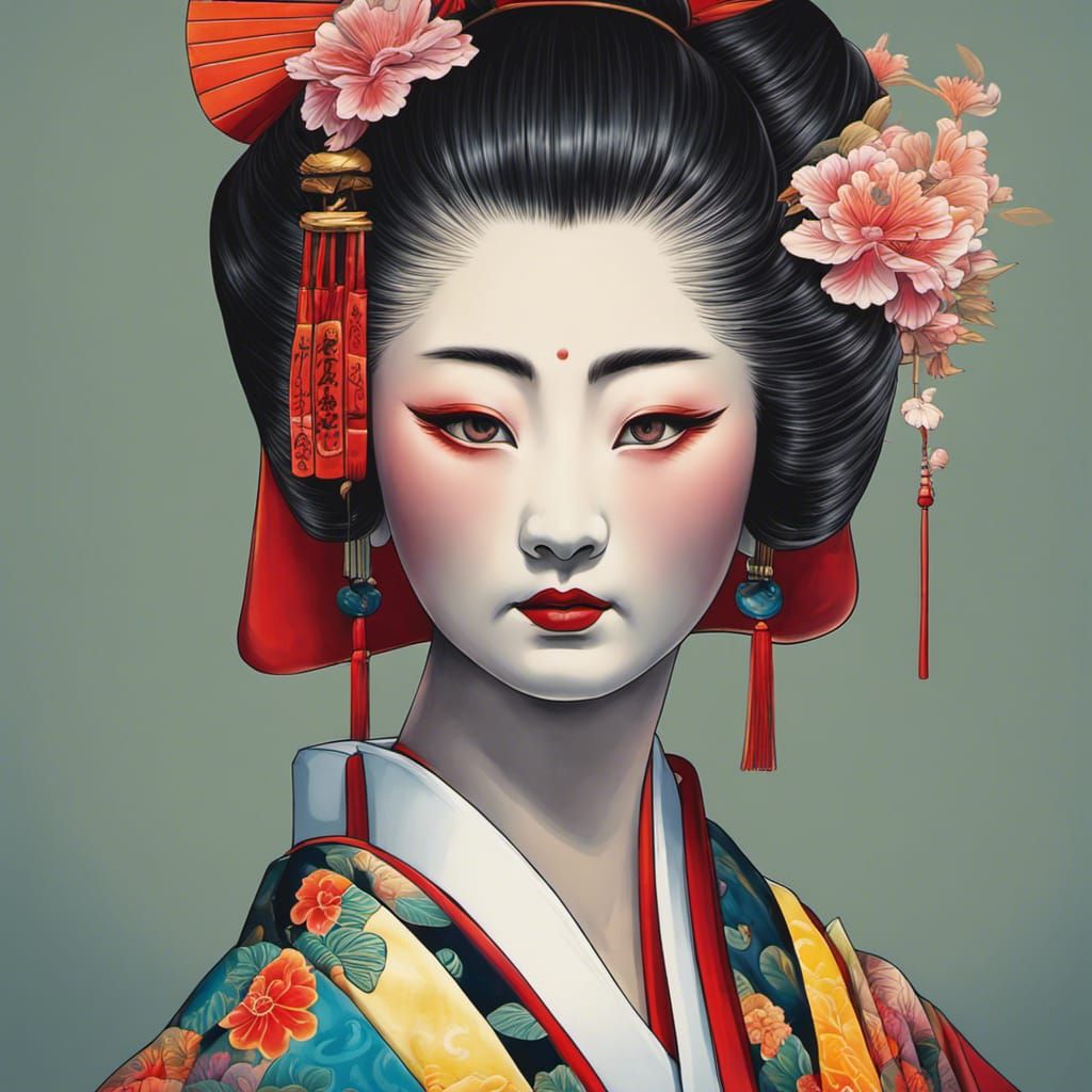 Vivid Portrait of a Geisha in Ukiyo-e Style