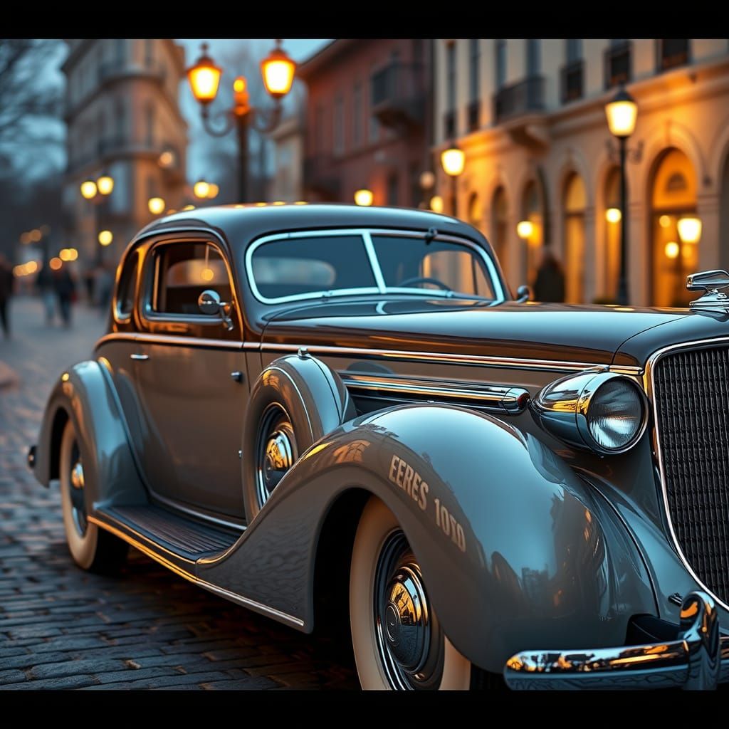 1934 LaSalle Coupe Gleaming at Dusk on Cobblestone Street