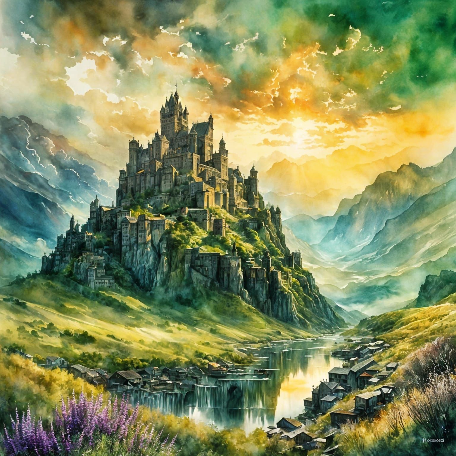 Ruined Castle in Scotland: Watercolor Landscape