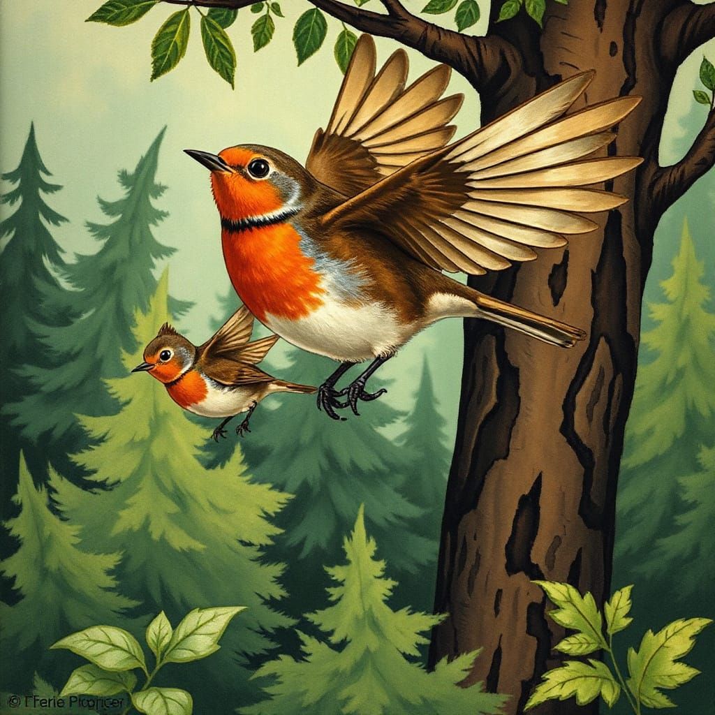 Robin Soaring with Fledgling in Whimsical Style