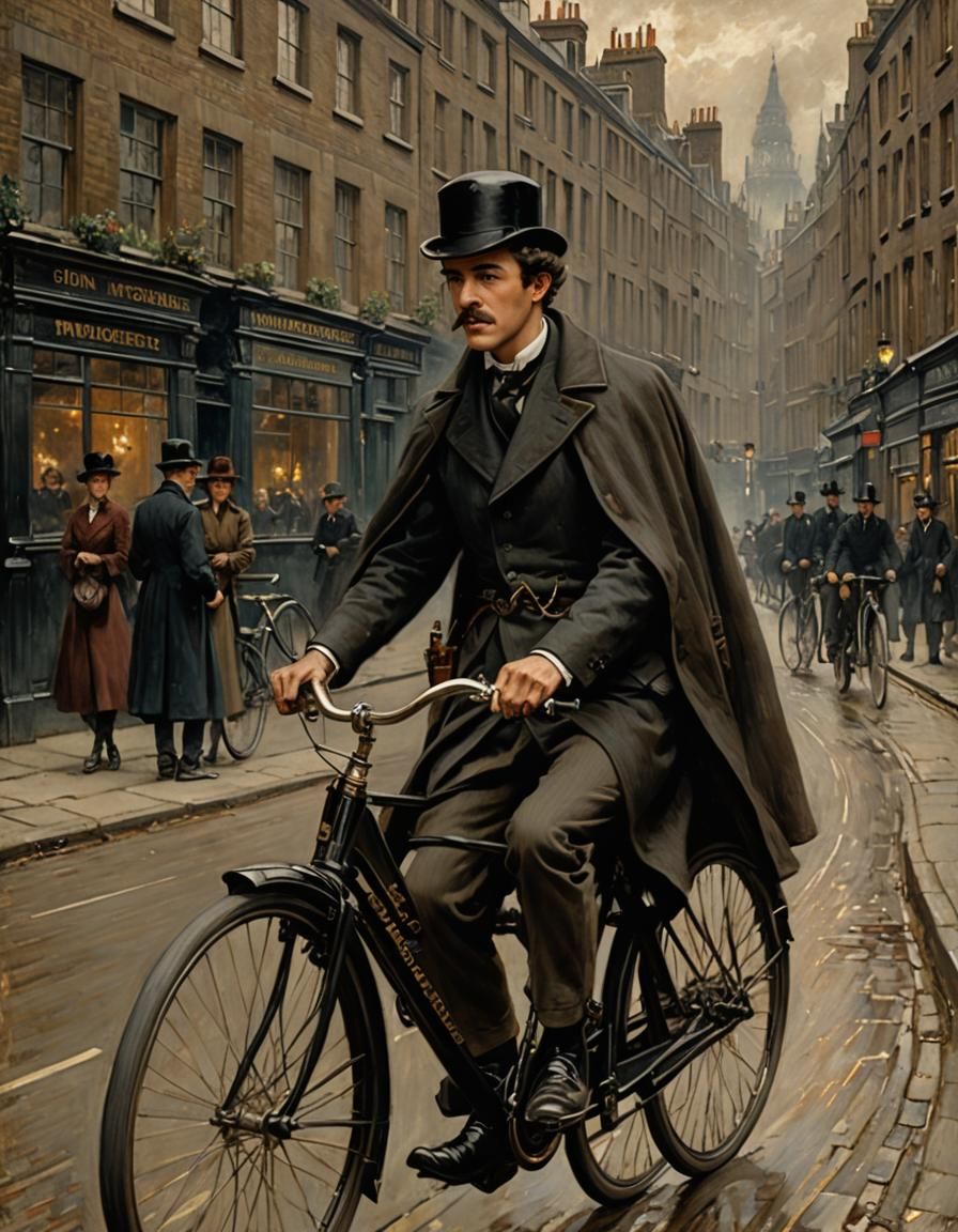 Sherlock Holmes riding bicycle down street in london