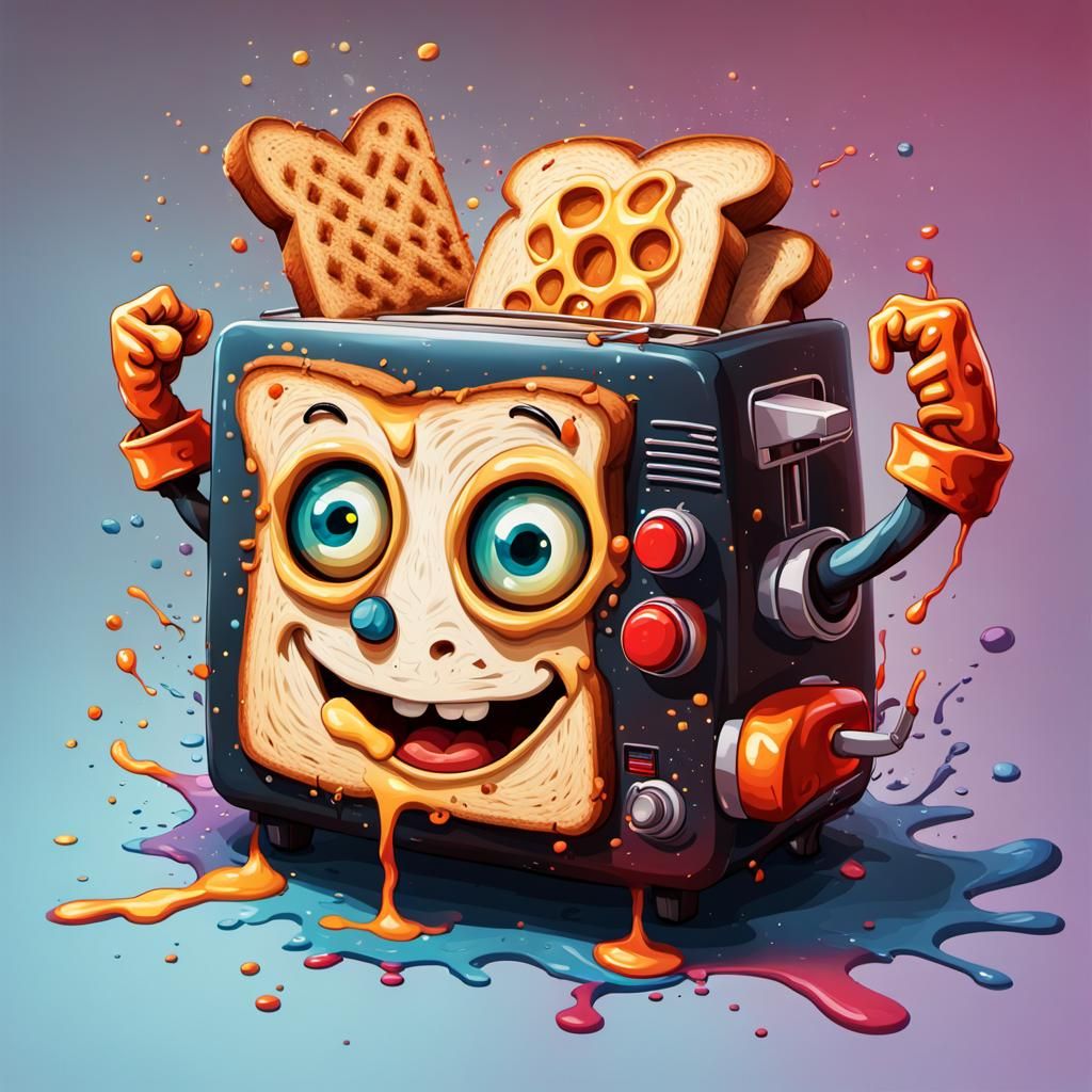 Anthropomorphic Toaster Graffiti Art with Toast