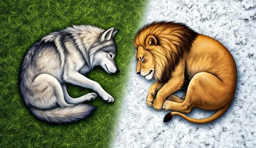 Diagonal Summer-Winter Composition of Wolf and Lion