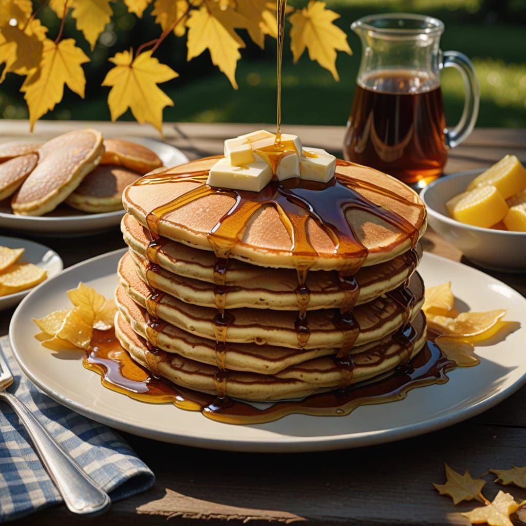 Golden Pancakes with Maple Syrup and Butter in a Natural Set...