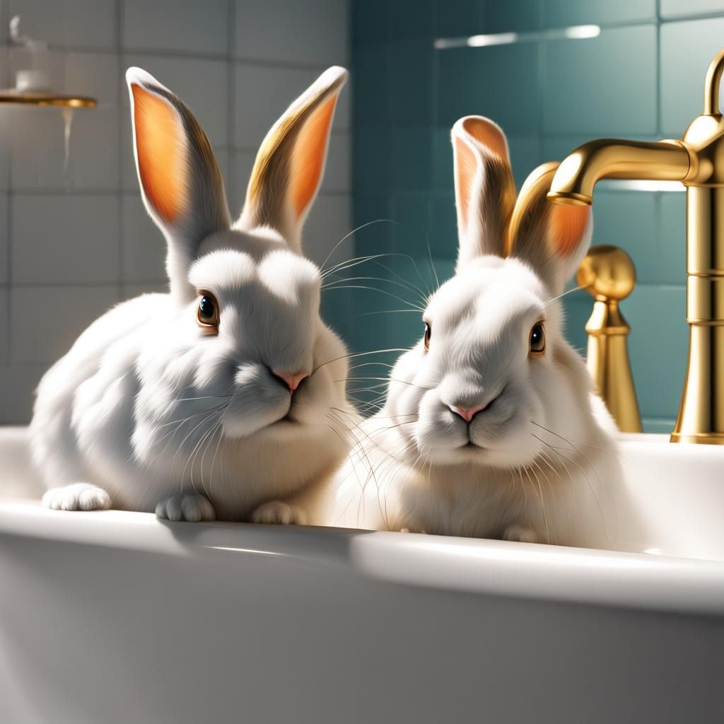 Cute Rabbits in Bathroom: Hyperrealistic Splash Art