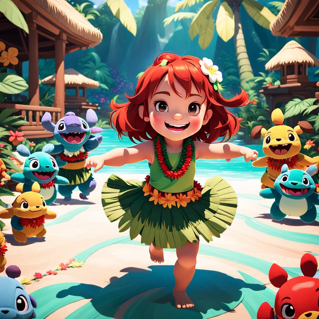 Vibrant 3D Anime Art of Toddler Dancing Hula