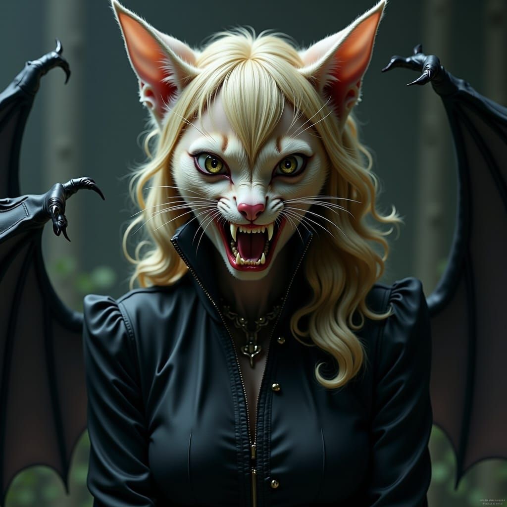 Fierce Blonde Catgirl with Fangs in Mysterious Futuristic La...