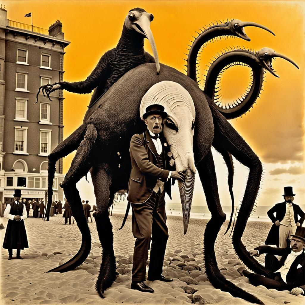 Nightmarish Lovecraftian Monster on the Seafront, Sepia Phot...