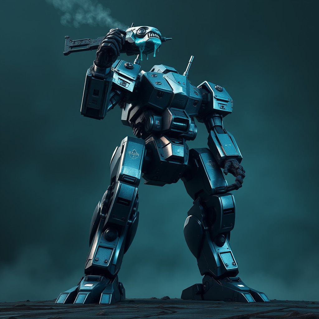 Victorious Battle Mech with Severed Head in Sci-Fi Style