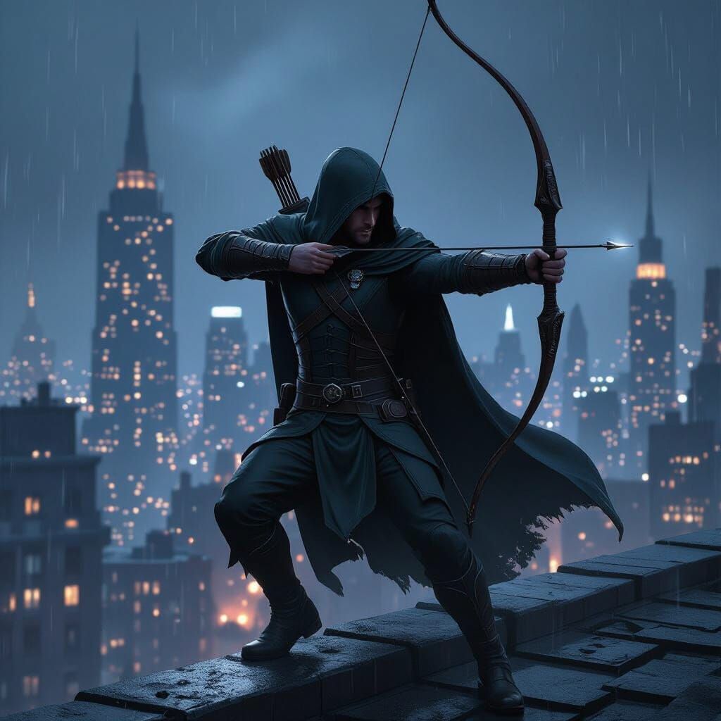 Hooded Archer Vigilant on Rooftop Amidst City Rain